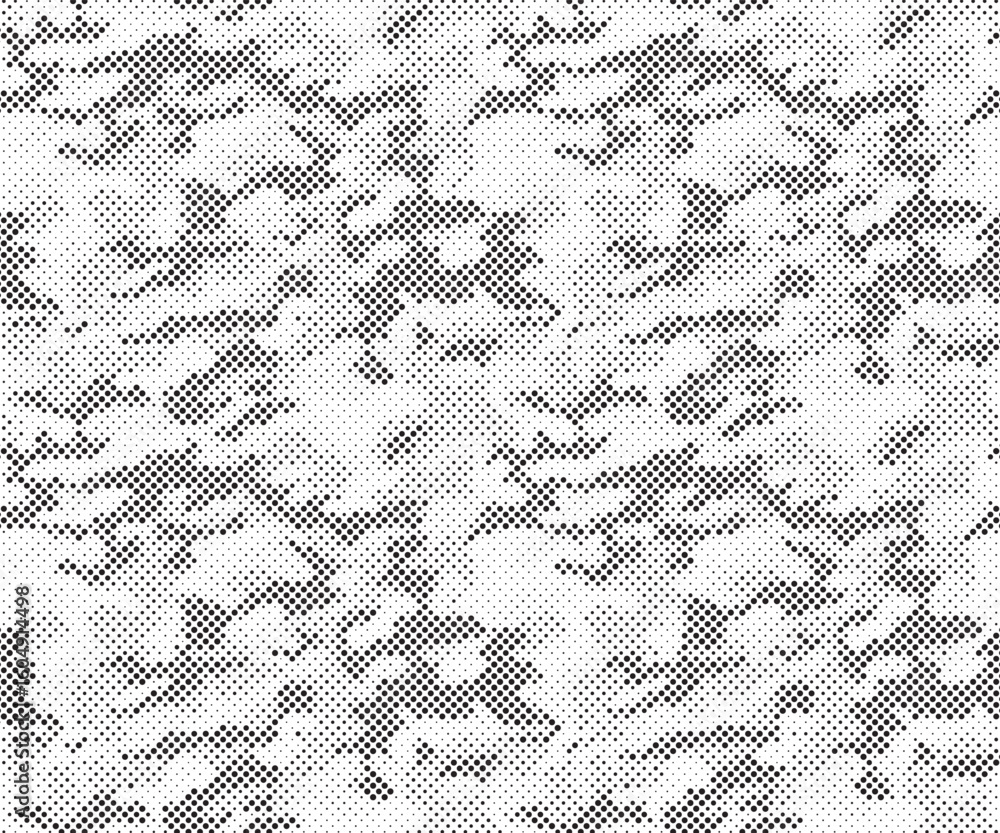 Poster abstract halftone seamless camouflage pattern. repeating digital dotted hexagonal camo military text