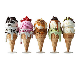 A vibrant and delicious assortment of five assorted ice cream cones with various toppings and drizzles presented against a stark black background perfect for summer treats and dessert advertising