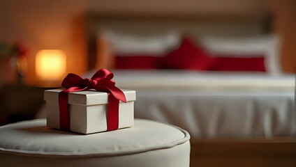 A gift box tied with red ribbon on nightstand in luxury hotel room, gifting celebration romance special event - Valentine's Day, Anniversary, Honeymoon 