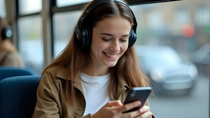 Portrait of young woman wearing headphones enjoys music on smartphone traveling on tram, engrossed in mobile device during urban commute - modern technology use for entertainment concept 
