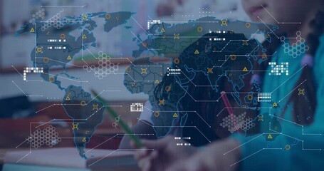 Student in classroom lifting pencil starting network overlay and receiving guidance and writing - Powered by Adobe