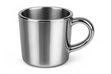 Metallic chrome tumbler showcasing reflective surface, presenting clean design potential against transparent backdrop