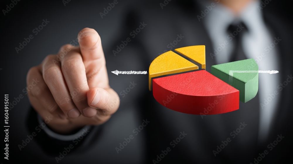 Poster businessman analyzing colorful pie chart with finger pointing for insights and strategy.