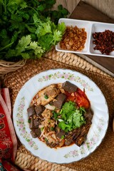 Rice Vermicelli with Northern Thai Curry Sauce, Thai called Khanom Jeen Nam Ngiao, Northern thai cusine
