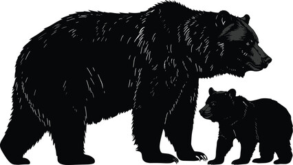 Silhouettes of large and small bears, wildlife animals, nature family, forest creature comparison, black vector drawing, white background, isolated