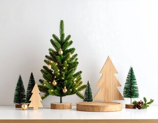 Minimalist Christmas display with wooden trees