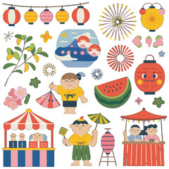 Illustration set of Japanese summer festival elements. 