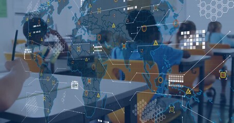 World map overlay fading in driving data motivating pupils writing then raising hands in classroom - Powered by Adobe
