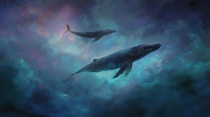 Naklejka premium Celestial whales swimming through a galaxy sky, magical realism