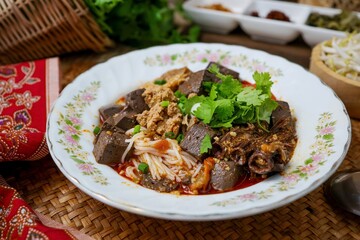 Rice Vermicelli with Northern Thai Curry Sauce, Thai called Khanom Jeen Nam Ngiao, Northern thai cusine