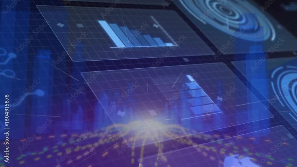 Poster after loading hologram panels floating, charts updating and golden network pulsing, showing data