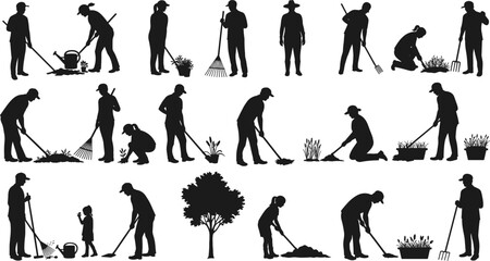 Obraz premium Silhouettes of people gardening, using tools, planting trees, watering plants, outdoor work, raking leaves, soil digging, lifestyle, black graphic