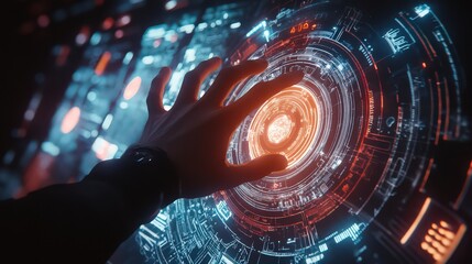 A hand interacting with a futuristic glowing interface featuring circular and geometric elements in a dark room