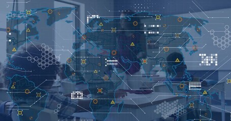 Teacher gesturing toward globe in classroom while fading in digital world map links for education - Powered by Adobe