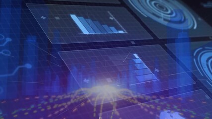 After loading hologram panels floating, charts updating and golden network pulsing, showing data - Powered by Adobe