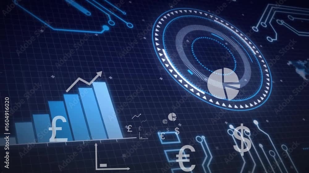 Poster on load grid showing pulsing hud launching currency icons and rising graph conveying financial data