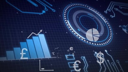 On load grid showing pulsing HUD launching currency icons and rising graph conveying financial data - Powered by Adobe