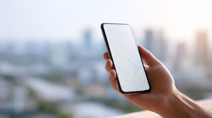 Digital nomad is using smartphone gps map navigation app finding his way in city center while working remotely enjoying work and travel lifestyle