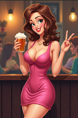 Illustrated Woman Cheerful Holding Beer Glass And Making Peace Sign At Lively Bar Interior Background Fun And Celebration Concept