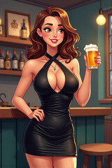  Illustrated Woman Alluring Holding Beer Glass At Elegant Bar Interior Background Nightlife And Sophistication Concept