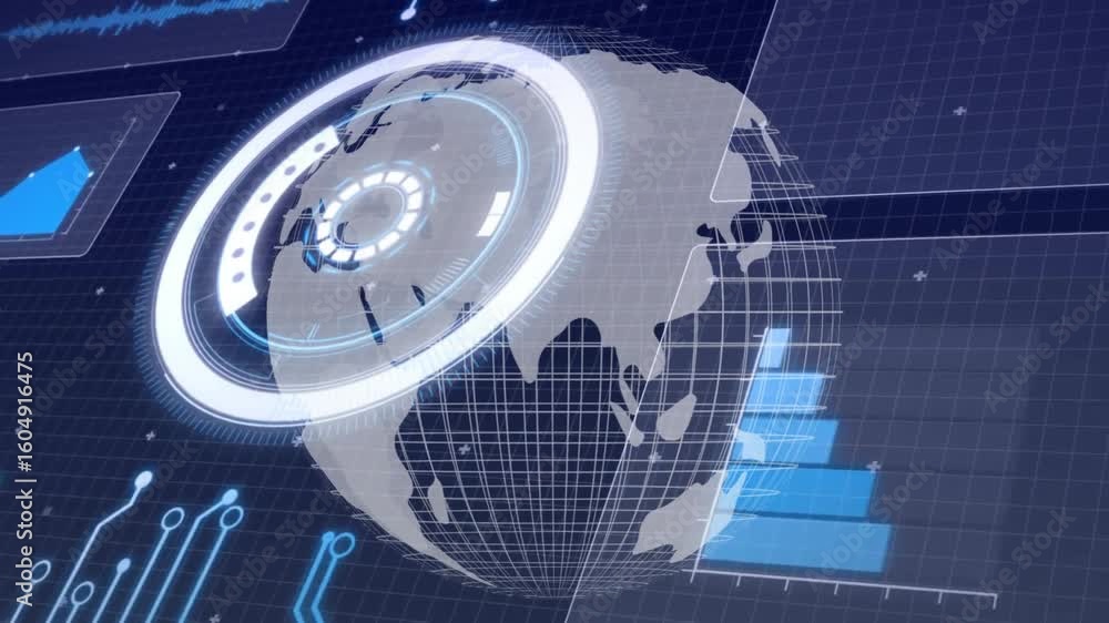 Poster on start animating wireframe globe, spinning hud rings and rising bar charts visualizing data