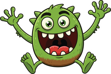 Monster jump cad drawing flat vector illustration, cartoon green creature with wide mouth, big eyes and spikes in energetic leap gesture
