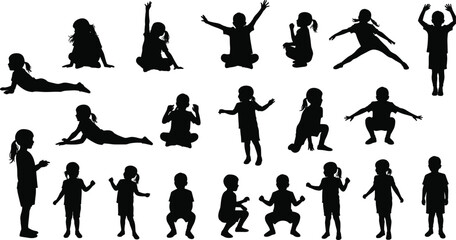 Silhouettes of playful children in motion, jumping, running, playing, fun activities, energetic poses, educational design, white background, vector graphicSilhouettes of playful children in motion