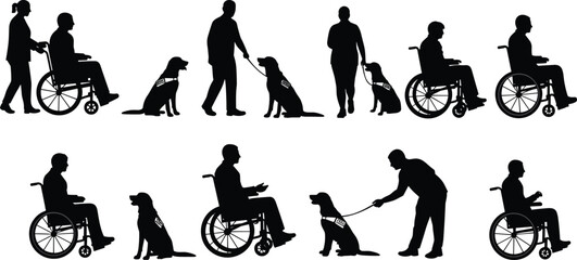 Silhouettes of people with disabilities, service dogs, wheelchair users, mobility assistance, caregiving support, accessible society, inclusion, therapy animal partnership