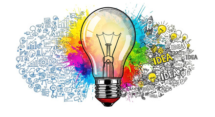 A lightbulb surrounded by creative doodles and colorful splashes represents ideas innovation and brainstorming isolated on transparent background