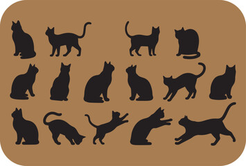A collection of silhouetted black cats in various poses against a warm brown background with rounded corners