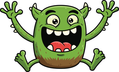 Monster jump cad drawing flat vector illustration, cartoon green creature with wide mouth, big eyes and spikes in energetic leap gesture