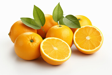 Cluster of whole oranges with green leaves on white background
