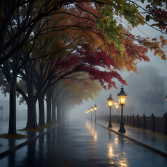 Misty autumn evening with glowing streetlamps along a wet paved path