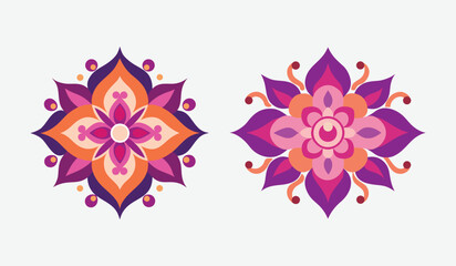 Two ornate floral mandala designs with vibrant purple orange and pink hues isolated on white background