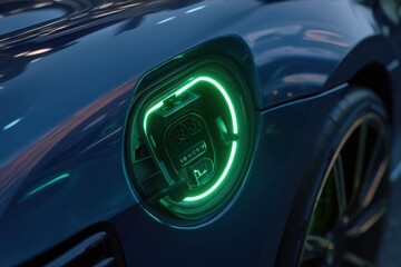 Fototapeta premium Electric car charging port glows green at night