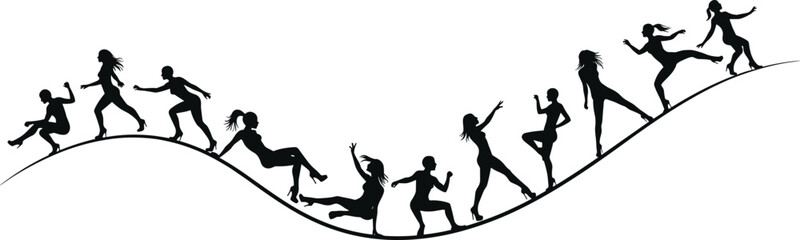 Silhouettes of women dancing, jumping, posing on wave line, artistic movement, energetic figure, performance concept, black graphic, white background