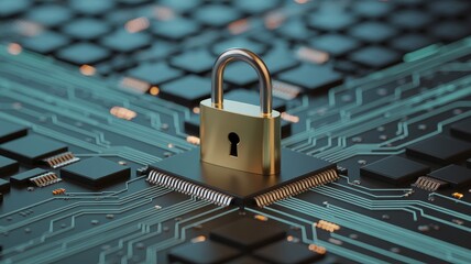 A golden padlock sits on a microchip, symbolizing cybersecurity and data protection in digital technology.