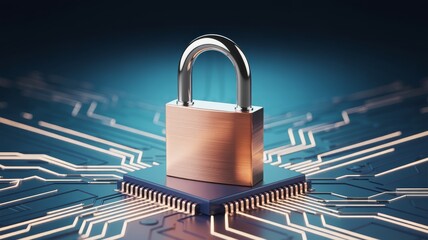 A metallic padlock sits on a microchip with illuminated circuit pathways, symbolizing digital security and data protection.