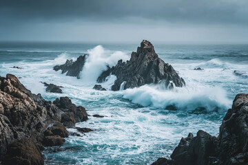 Stormy ocean waves against jagged rocks