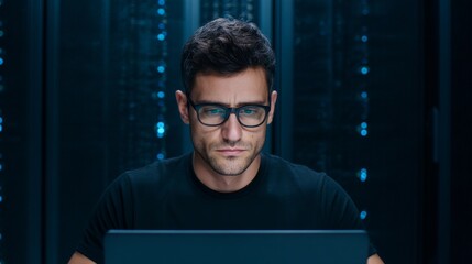 A focused man wearing glasses works intently on a laptop, surrounded by a dark server room environment with glowing blue lights.