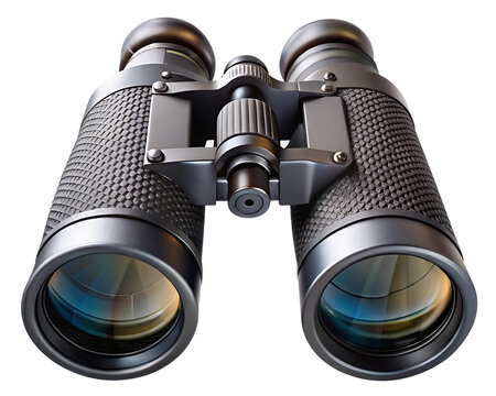 Close up view of a pair of dark gray binoculars with textured grips and adjustable lens isolated on a transparent background