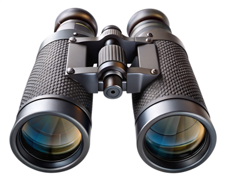 Close up view of a pair of dark gray binoculars with textured grips and adjustable lens isolated on a transparent background