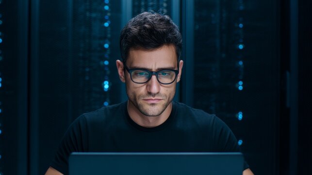 A focused man wearing glasses works intently on a laptop, surrounded by a dark server room environment with glowing blue lights.