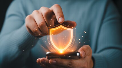 A person holds a smartphone displaying a glowing shield icon, symbolizing digital security and protection.