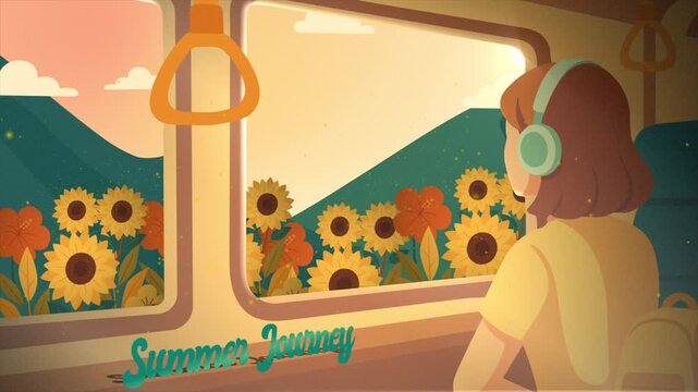 Teenage girl sitting in a train during sunset. Soft pastel colors, cinematic light rays, parallax animation, and gentle movement create a relaxing summer mood and stylized atmosphere.

