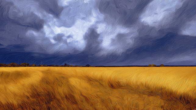 Dramatic thunderstorm rolling over golden wheat fields, painterly style