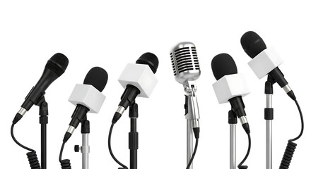 A row of microphones are set up for a media press conference ready to capture news and interviews isolated on transparent background