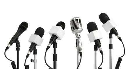 A row of microphones are set up for a media press conference ready to capture news and interviews isolated on transparent background