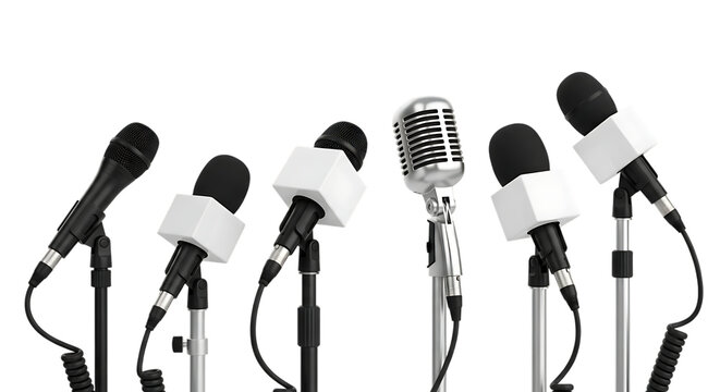 A row of microphones are set up for a media press conference ready to capture news and interviews isolated on transparent background - Powered by Adobe