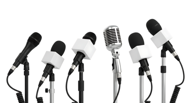 A row of microphones are set up for a media press conference ready to capture news and interviews isolated on transparent background